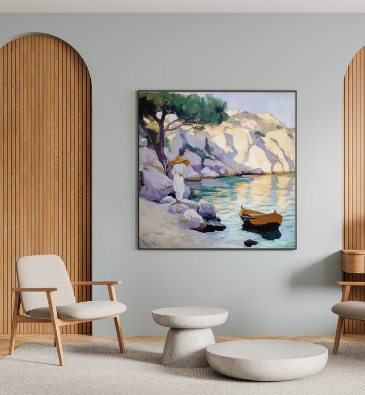 Elegant artwork featuring a WOMAN BY THE SEA, reflecting the tranquility and freedom of ocean breezes.