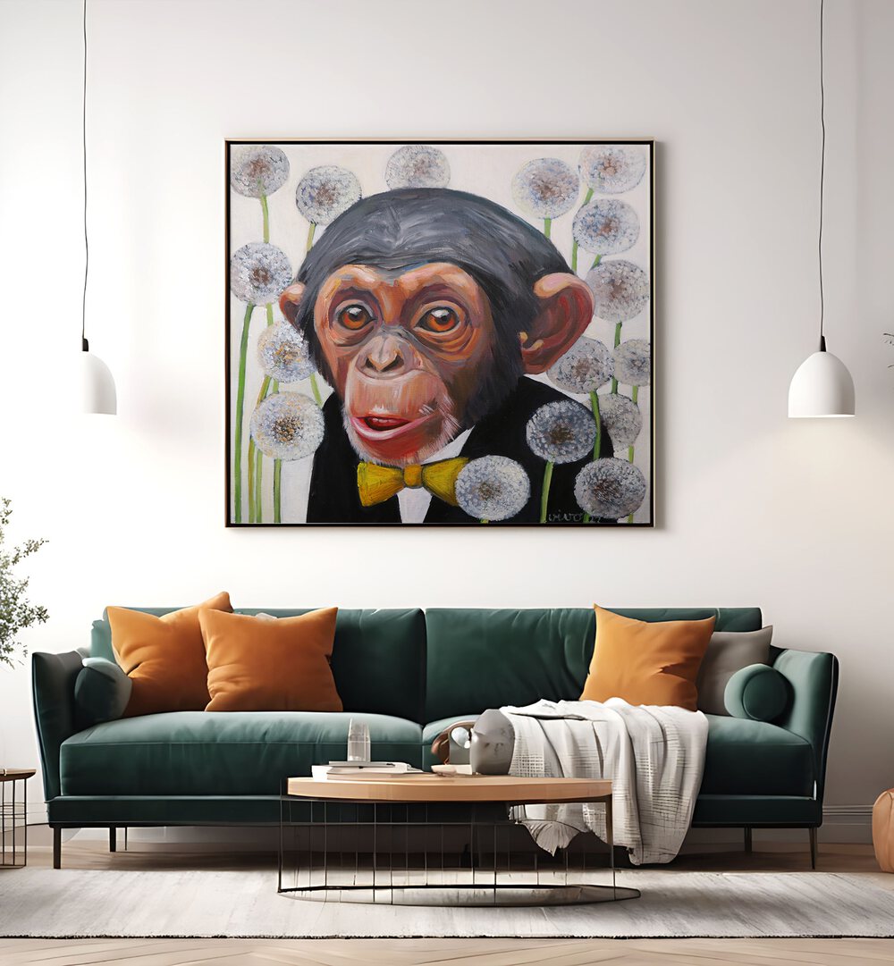 Vibrant MONKEY YELLOW BOW TIE, COMIC POSTERS art piece featuring a stylish monkey among dandelions, perfect for wall decor.