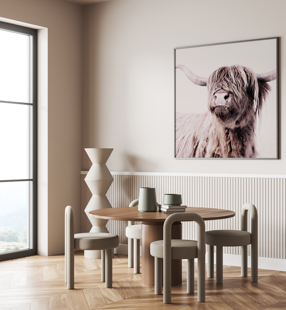 Highland Cattle Animal Paintings displayed in a stylish interior, perfect for art lovers and home decor enthusiasts.