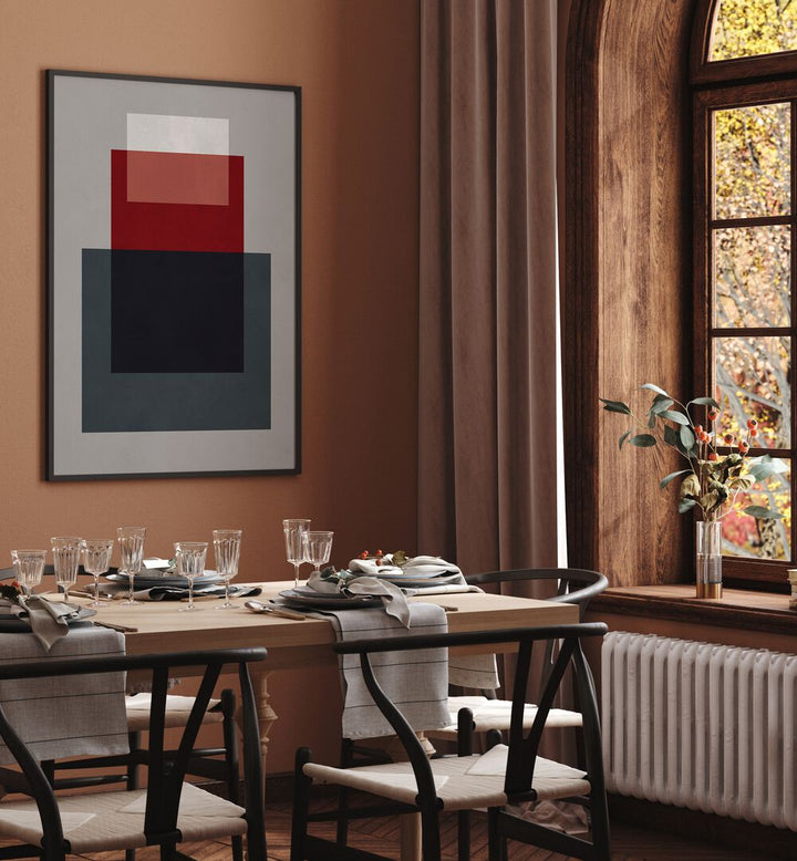 Stylish dining room featuring COLORFUL OVERLAY XIV, GEOMETRIC ART PRINTS, enhancing modern decor with vibrant designs.
