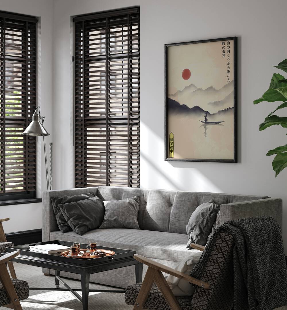 Stylish living room featuring HITORI JOURNEY, JAPANESE PAINTINGS, enhancing modern decor with serene artwork.