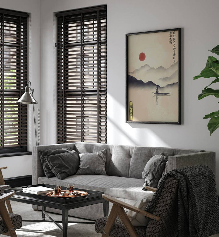 Stylish living room featuring HITORI JOURNEY, JAPANESE PAINTINGS, enhancing modern decor with serene artwork.