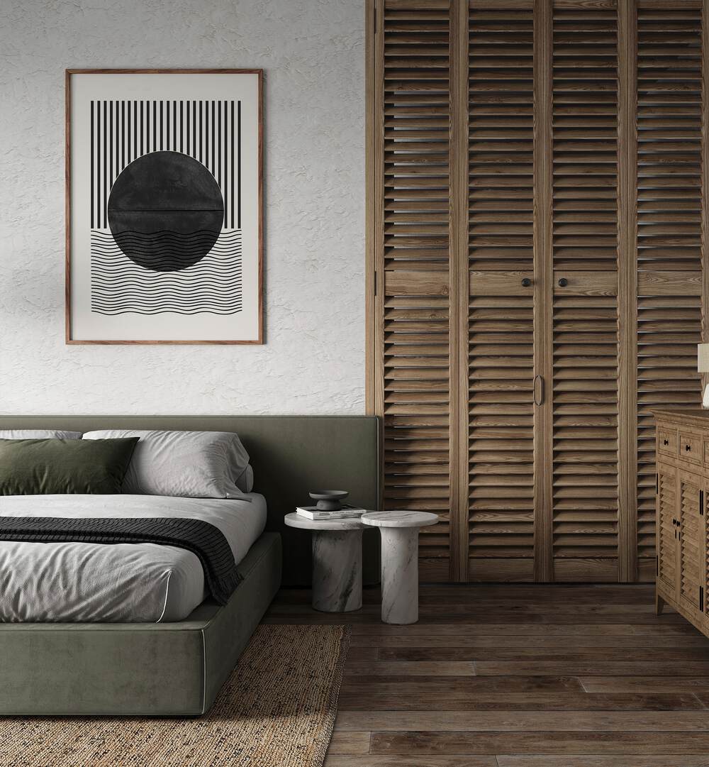 Elegant BLACK SUN I geometric art print enhances modern decor in a stylish bedroom setting by The Miuus Studio.