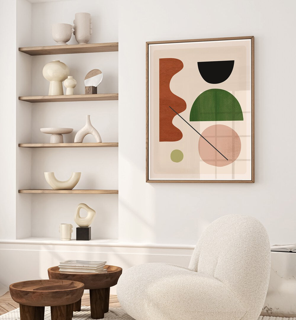 Stylish living room featuring ABSTRACT MINIMAL SHAPES, GEOMETRIC ART PRINTS for a modern artistic touch.