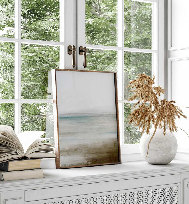 BAY VIEW, ABSTRACT PAINTINGS displayed elegantly on a windowsill, enhancing the serene ambiance of the room.