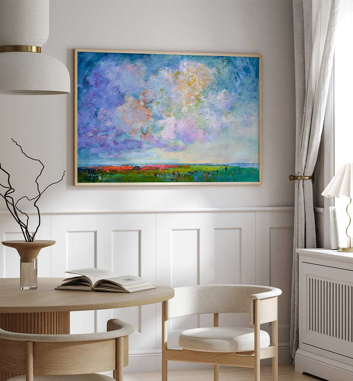 NATURE’S BEAUTY , LANDSCAPE PAINTINGS framed coastal sky and misty field above dining table in neutral modern interior
