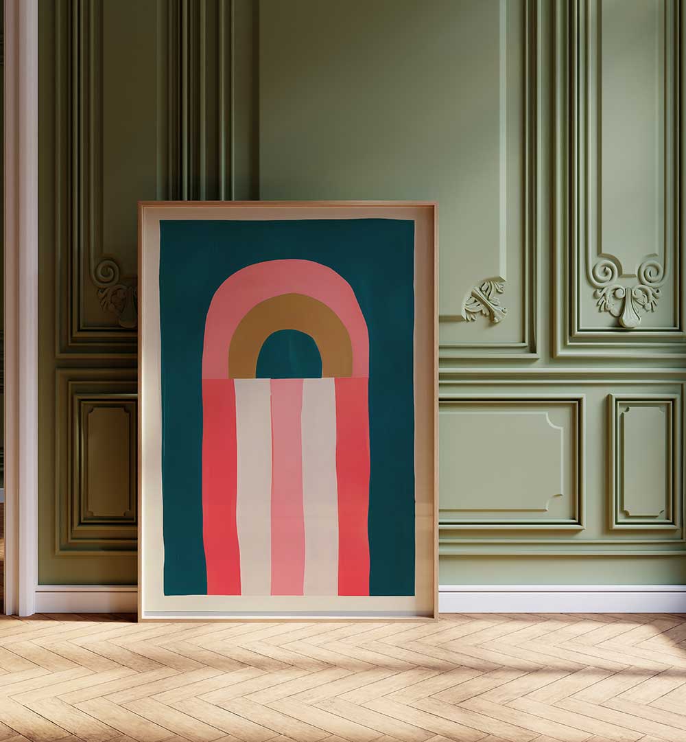 GOLDEN HOUR , GEOMETRIC ART PRINTS with bold colorful shapes displayed in an elegant room by Modern Nest.