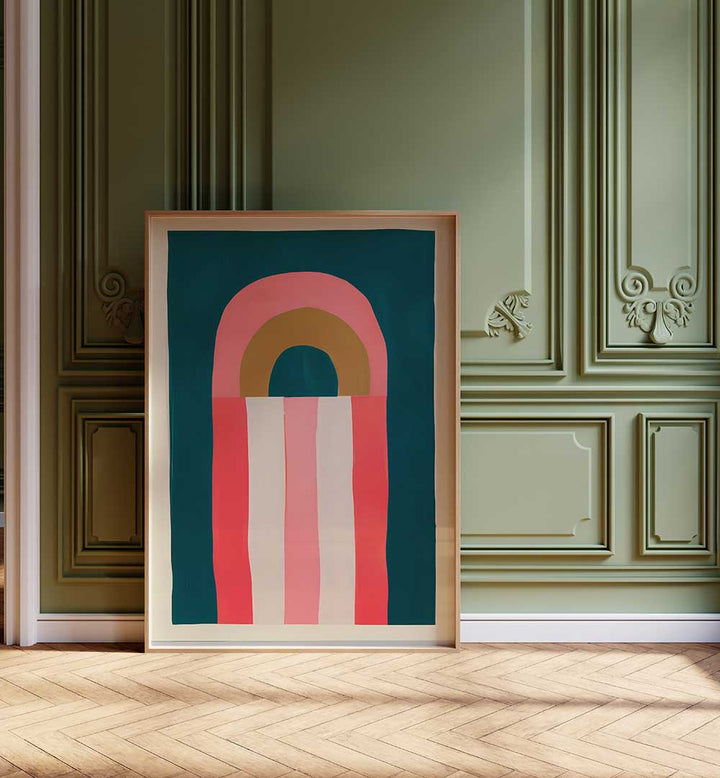 GOLDEN HOUR , GEOMETRIC ART PRINTS with bold colorful shapes displayed in an elegant room by Modern Nest.