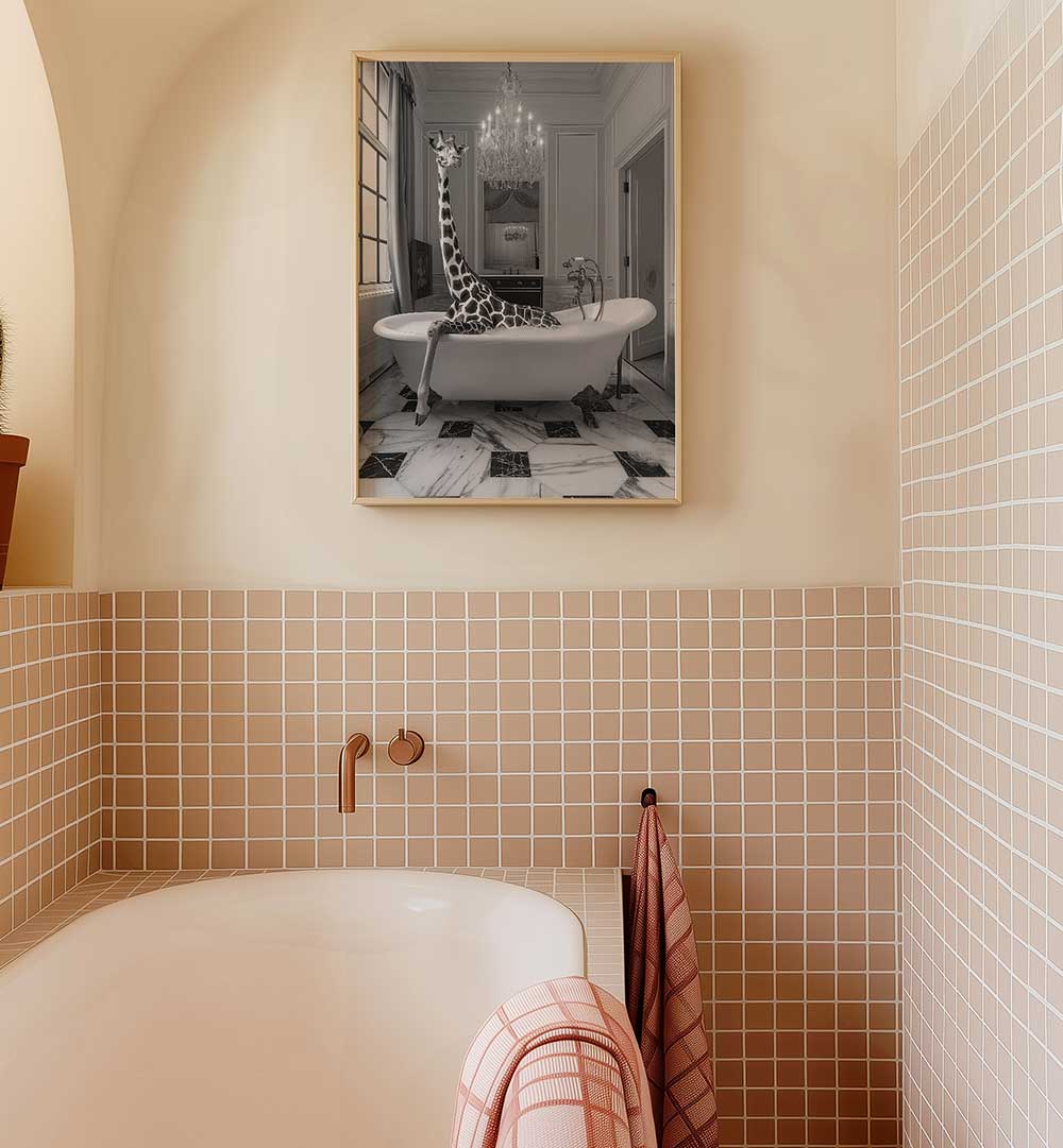 GIRAFFE GLAM SOAK , BATHROOM ART PRINTS