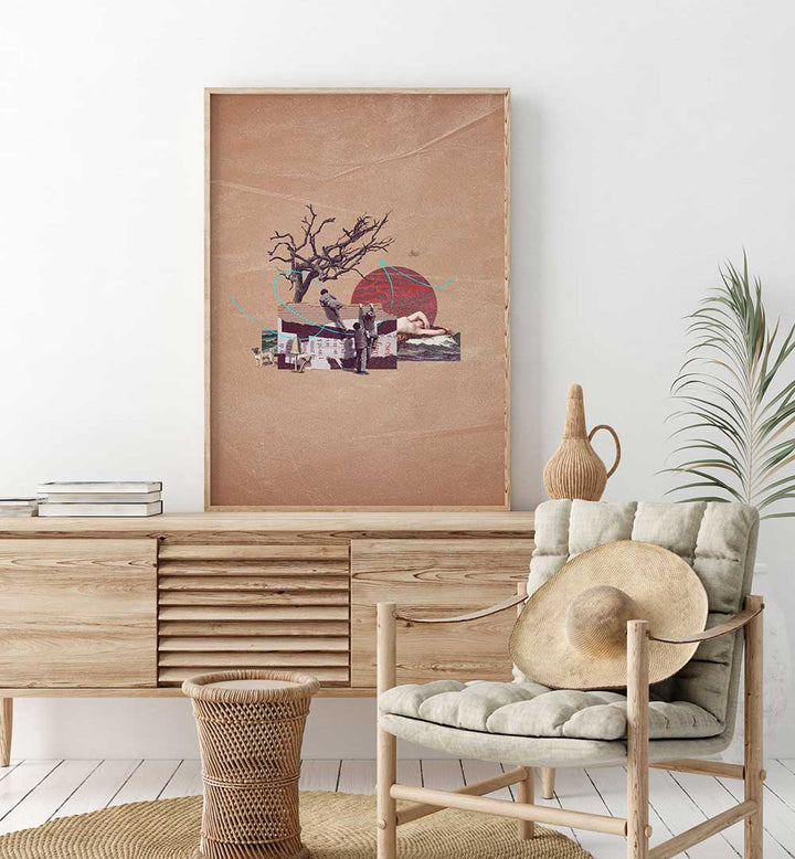 Stylish living room featuring SECRET, SURREAL ART PRINTS displayed in a wooden frame against a modern backdrop.