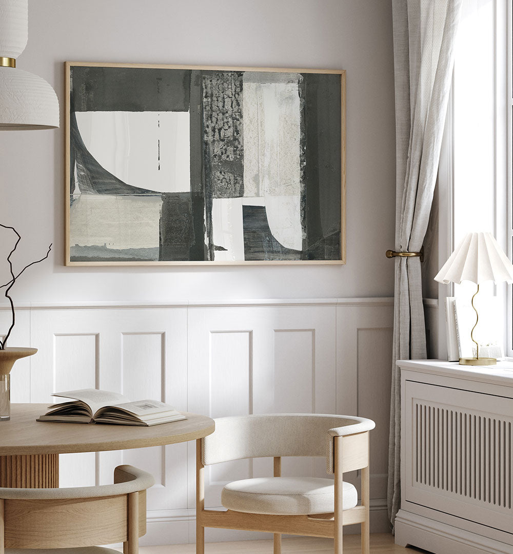Stylish interior featuring MONOCHROME SHAPES LIGHT II, ABSTRACT PAINTINGS, enhancing creativity and modern elegance.