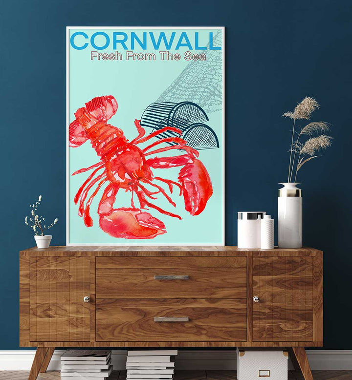 Cornwall Sea Poster, Beach Paintings showcasing vibrant lobster art, perfect for coastal home decor.
