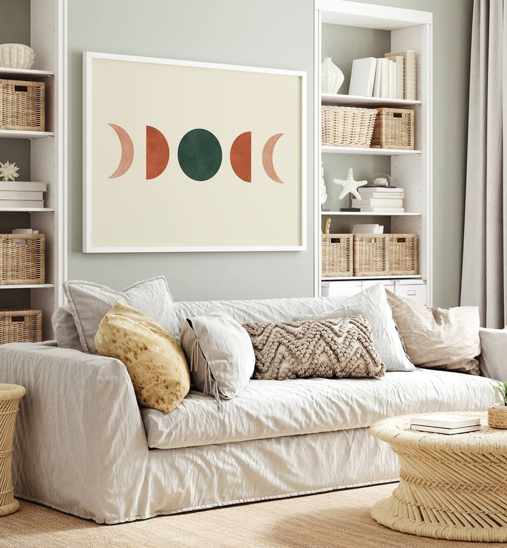 Stylish living room featuring MOON 1, BOHO ART PAINTINGS, capturing the beauty of lunar phases in warm tones.