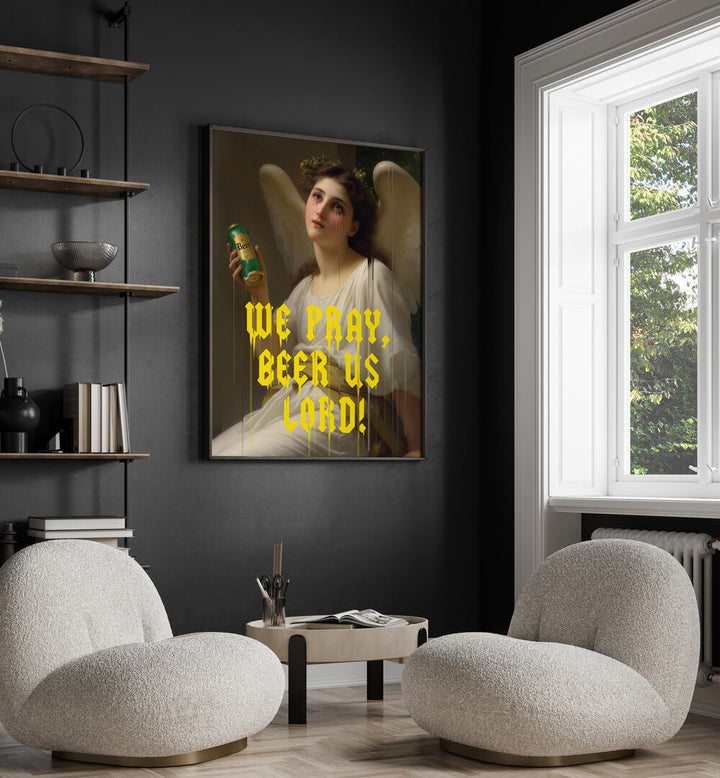 "We Pray Beer Us Lord, Altered Art Prints" by Dikhotomy adds humor to any space with its unique design.