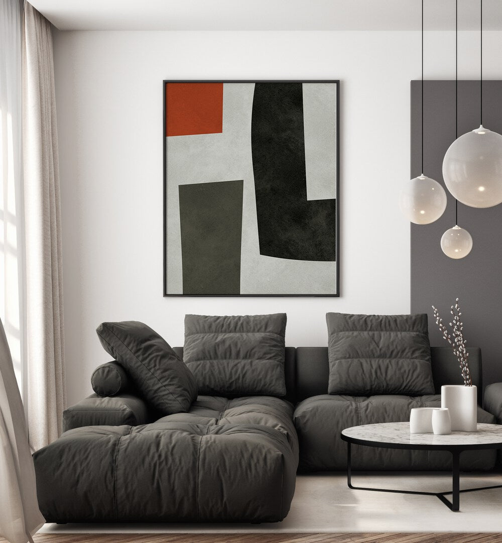 Stylish MODERN SHAPES V, GEOMETRIC ART PRINTS enhance a contemporary living space with bold geometric designs.