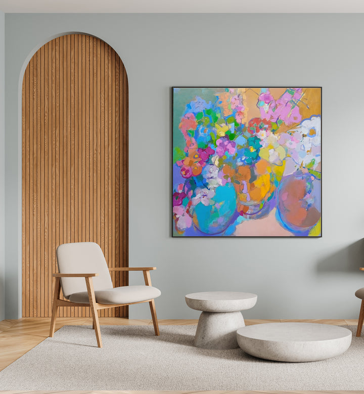 Colorful SUNSHINE, ABSTRACT PAINTINGS brighten up a modern living room, enhancing home decor with vibrant cheer.
