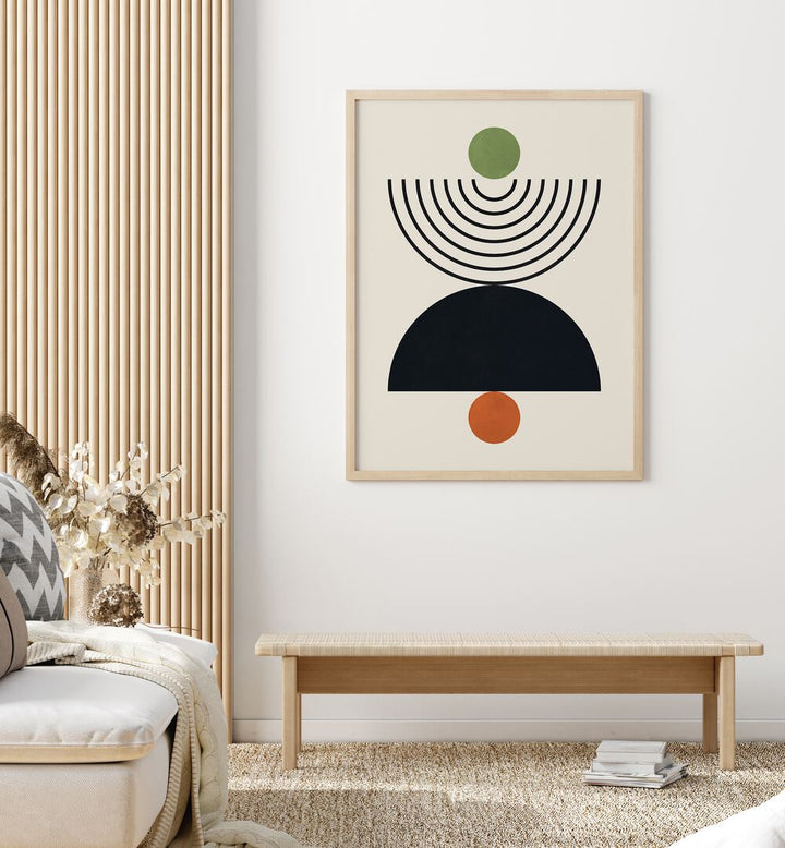Boho art painting "LINES AND CIRCLES XXV" features colorful geometric shapes, enhancing any modern decor.