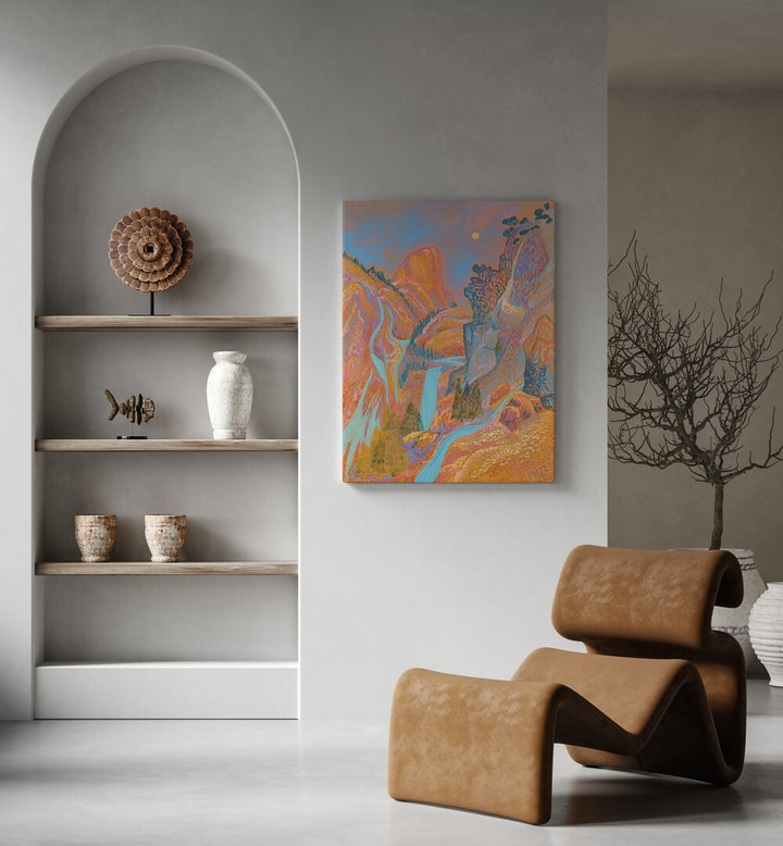 Serene PASTEL WATERFALL, LANDSCAPE PAINTINGS by Eleanor Baker, enhancing modern home decor with nature's beauty.