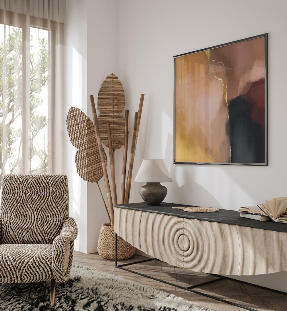 Stylish interior featuring STAY CALM, ABSTRACT PAINTINGS for a relaxing and tranquil home environment.