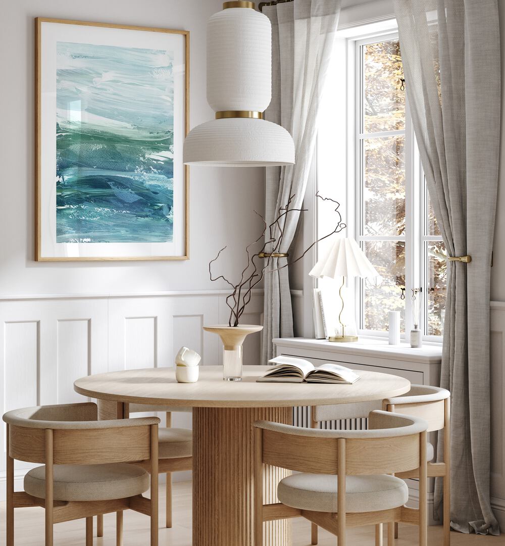 Elevate your decor with WAVES IN WAVES, ABSTRACT PAINTINGS, showcasing calming oceanic hues in a stylish setting.