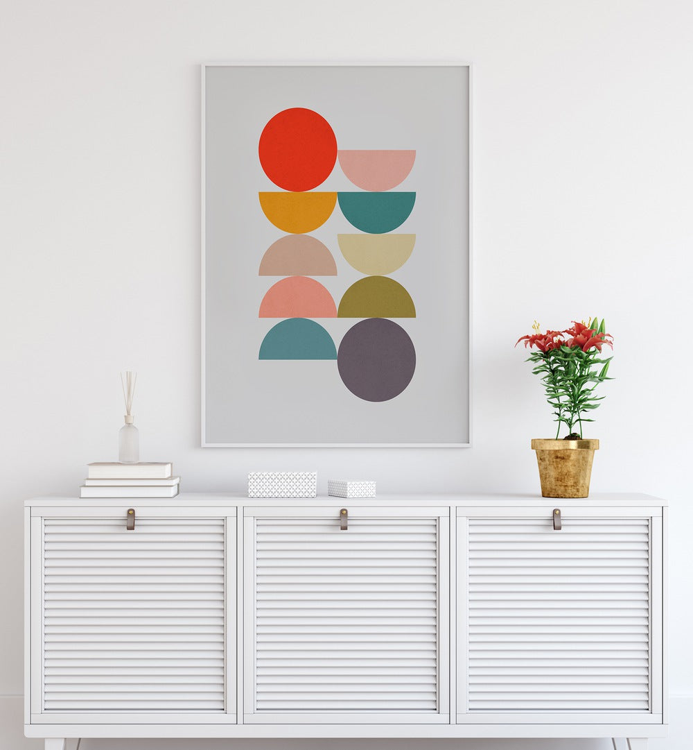 Stylish HARMONY, GEOMETRIC ART PRINTS featuring vibrant circles for a tranquil and balanced living space.