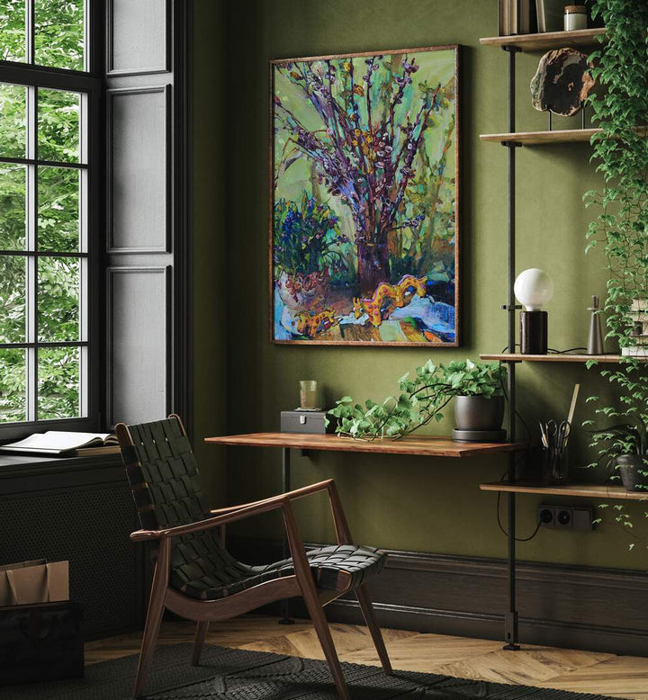 Vibrant SPRING STILL LIFE, LANDSCAPE PAINTINGS adorn a stylish room, adding elegance and color to your home decor.