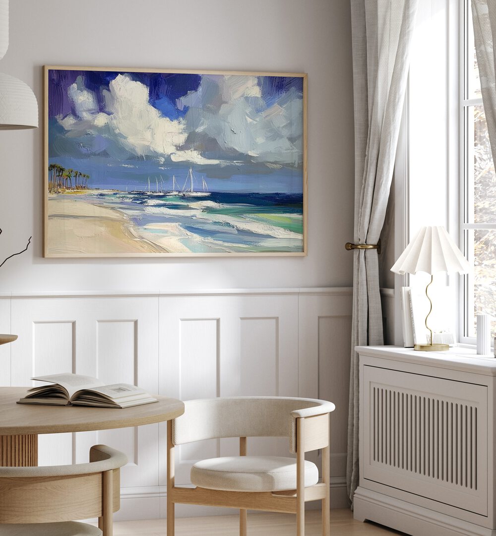 Serene coastal scene featuring sailboats on the water, perfect for enhancing your space with SAILBOATS ON THE BEACH II.