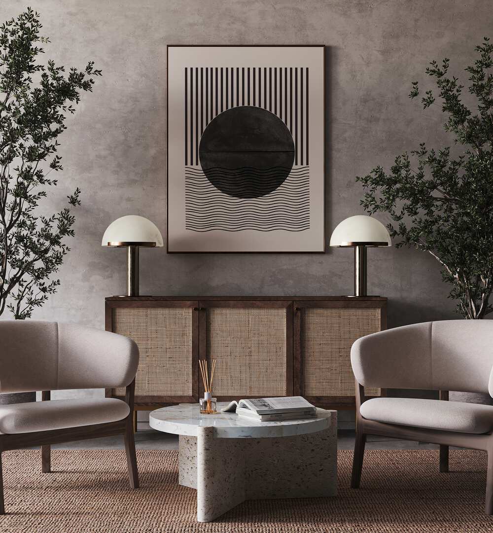 Stylish living space featuring BLACK SUN I, GEOMETRIC ART PRINTS from The Miuus Studio, adding modern elegance to decor.