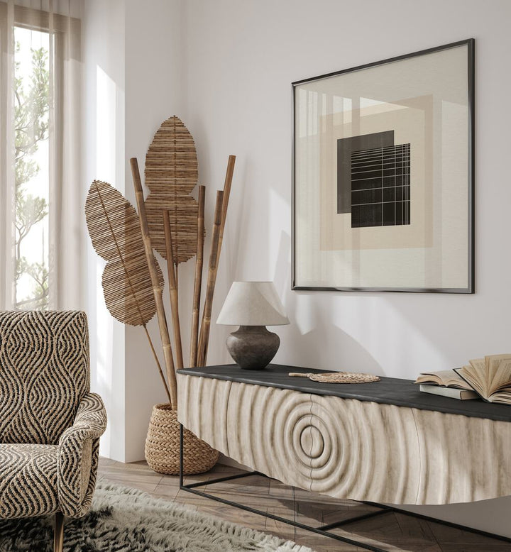 Stylish living room featuring PAPER OBJECT III, GEOMETRIC ART PRINTS, enhancing modern home decor with geometric elegance.