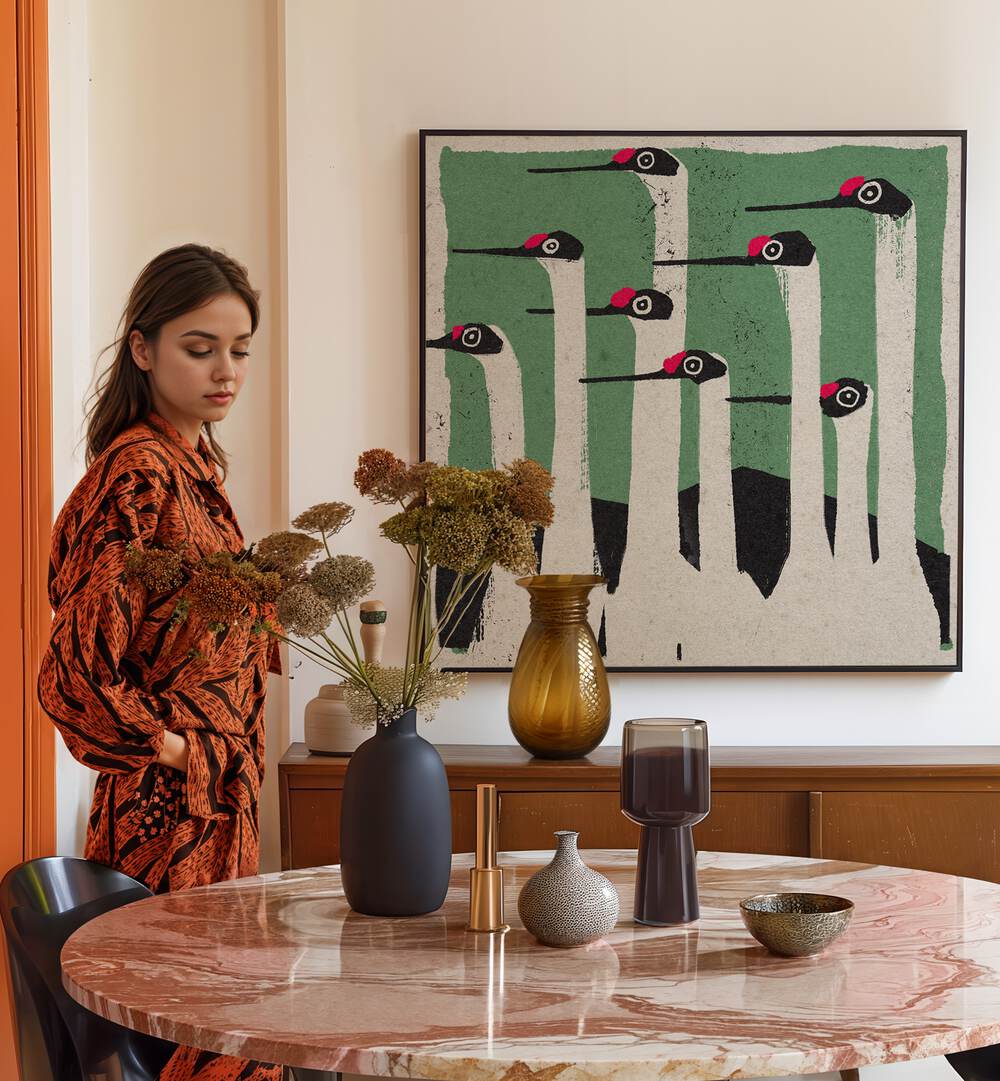 Stylish interior featuring WILD SPECTATORS, ANIMAL PAINTINGS, showcasing vibrant wildlife art and elegant decor.