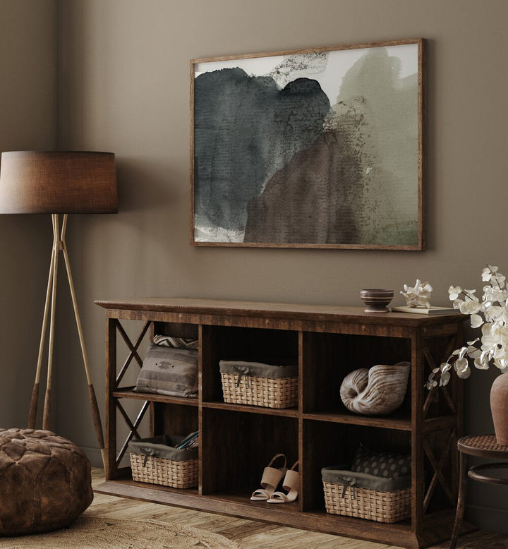 Organic Shapes Earthy, abstract paintings adorn a stylish home setting, blending nature’s hues with elegant decor.