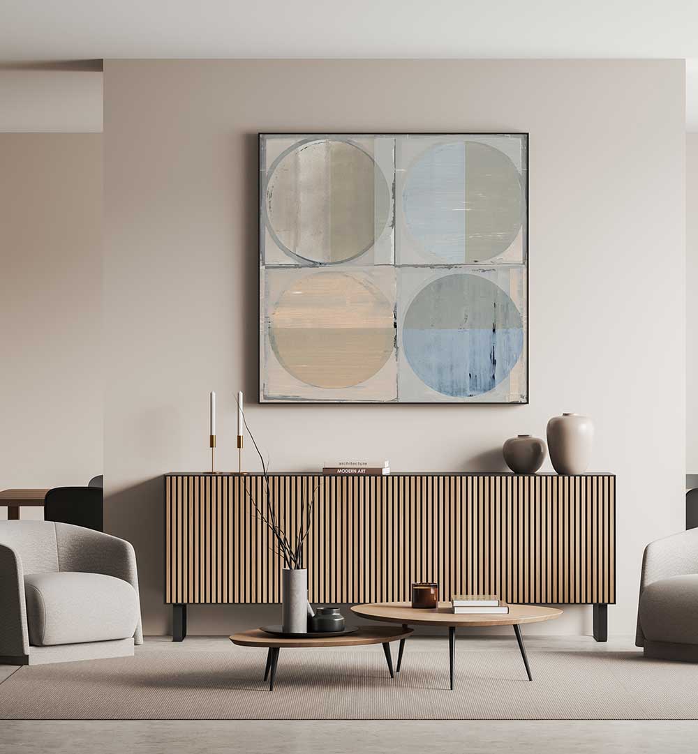 Stylish living room featuring FOUR CIRCLES AND SQUARES I, GEOMETRIC ART PRINTS, enhancing modern decor with elegance.
