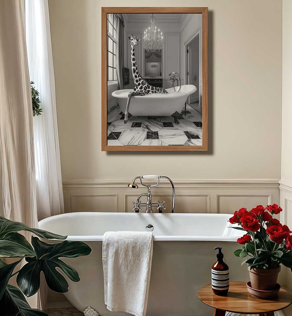 GIRAFFE GLAM SOAK , BATHROOM ART PRINTS