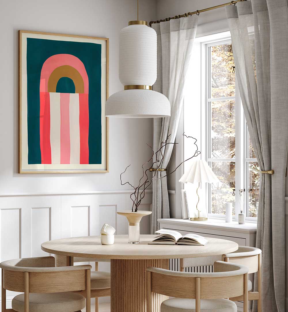 GOLDEN HOUR , GEOMETRIC ART PRINTS with bold shapes brighten a modern dining room in a cozy, light-filled space.