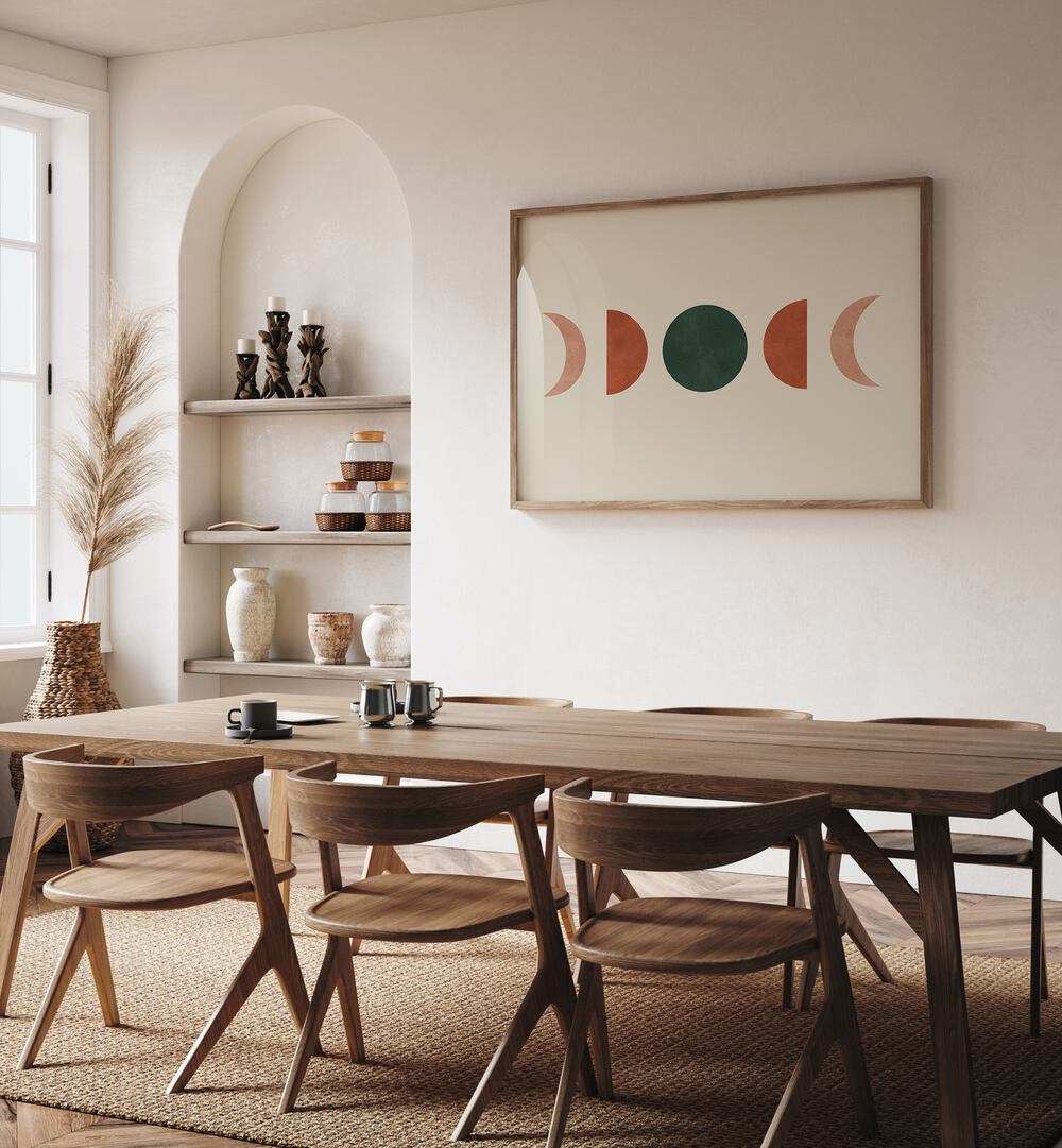 Stylish dining room featuring MOON 1, BOHO ART PAINTINGS, enhancing modern decor with lunar elegance.