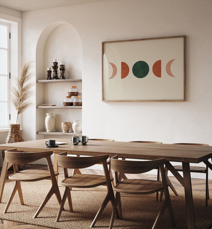 Stylish dining room featuring MOON 1, BOHO ART PAINTINGS, enhancing modern decor with lunar elegance.