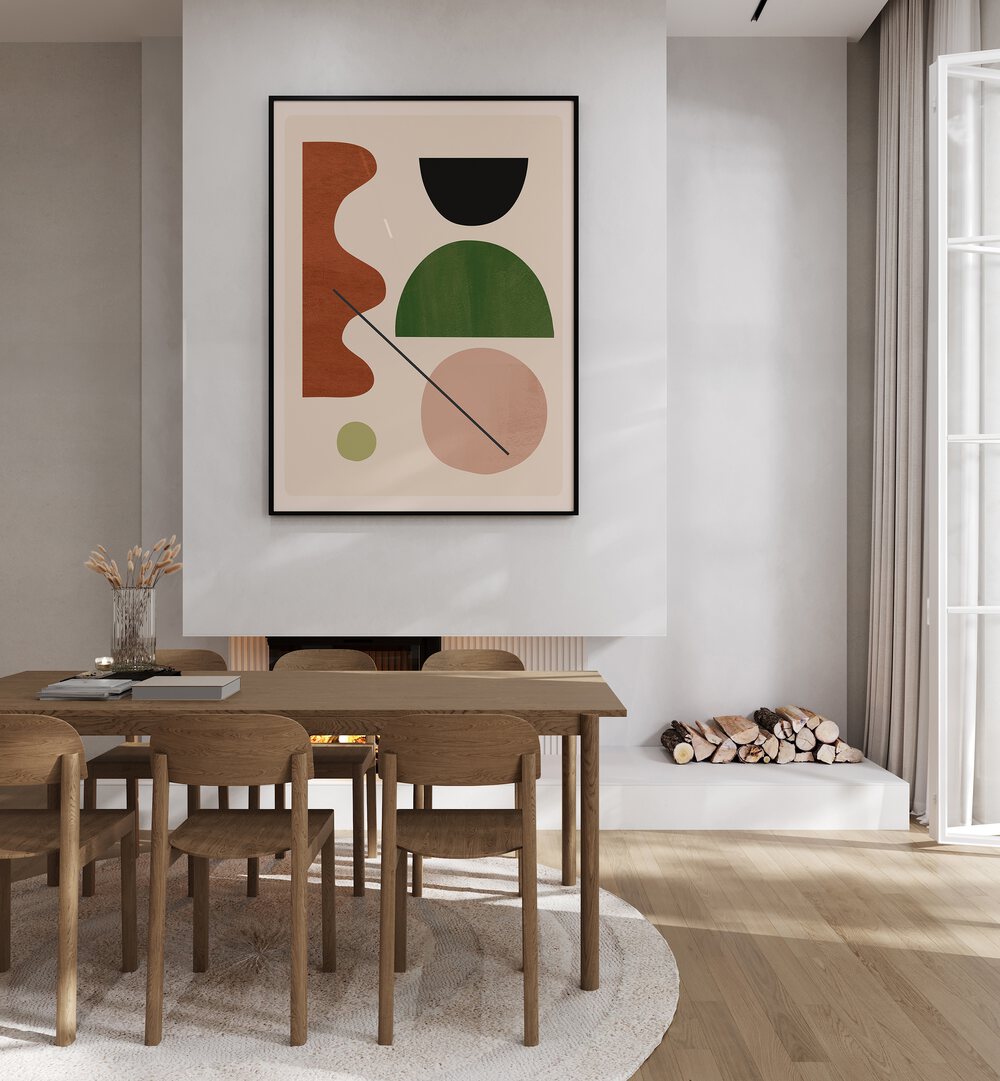 Stylish dining room featuring ABSTRACT MINIMAL SHAPES, GEOMETRIC ART PRINTS that enhance any modern space.