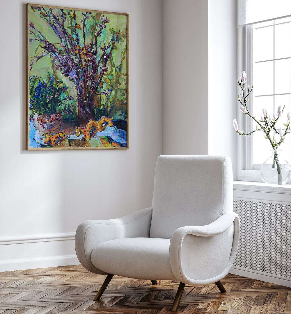 Vibrant SPRING STILL LIFE, LANDSCAPE PAINTINGS adorn the wall, adding elegance and color to a stylish living space.