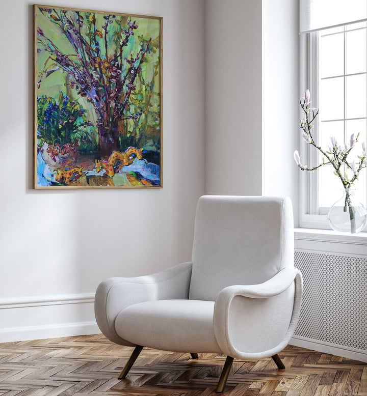 Vibrant SPRING STILL LIFE, LANDSCAPE PAINTINGS adorn the wall, adding elegance and color to a stylish living space.