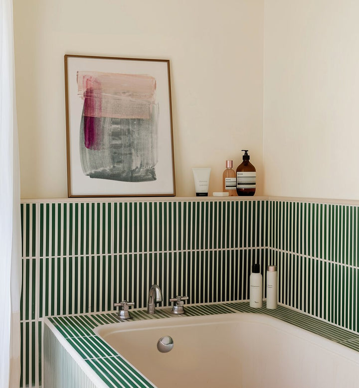 Stylish bathroom featuring ETHEREAL COLORFIELDS, ABSTRACT PAINTINGS, enhancing the decor with vibrant hues.