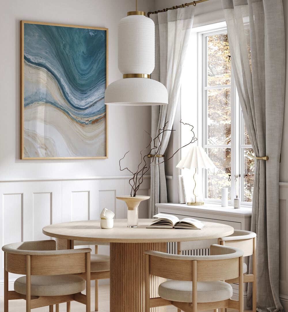SANDY SHORES, ABSTRACT PAINTINGS enhance coastal decor with elegance and style in a modern dining space.