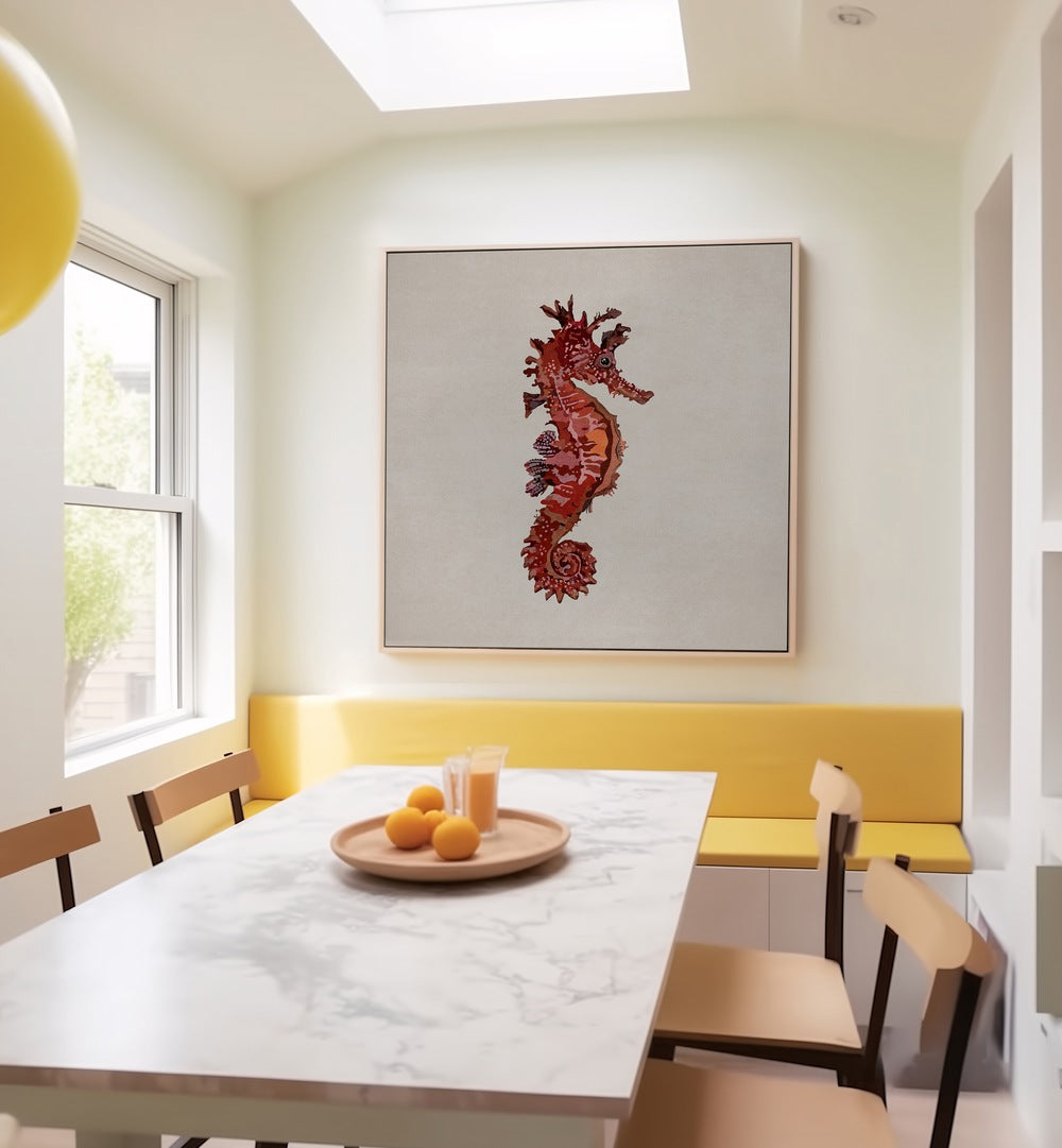 Vibrant KIRMIZI, BEACH PAINTINGS by Emel Tunaboylu enriching a modern dining space with stunning colors.
