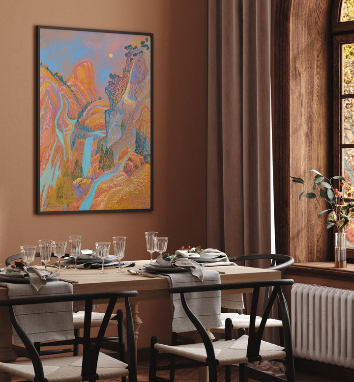 Elegant PASTEL WATERFALL, LANDSCAPE PAINTINGS brighten a dining area, showcasing nature's serene beauty and modern elegance.