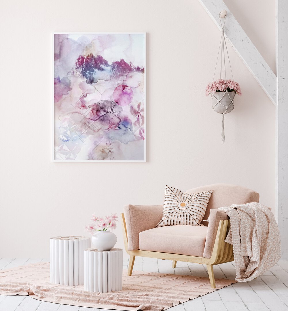 DUSK III, ABSTRACT PAINTINGS displayed in a stylish living space, enhancing modern décor with soft colors.