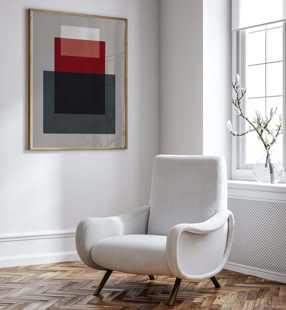 COLORFUL OVERLAY XIV, GEOMETRIC ART PRINTS displayed in a chic room, enhancing modern decor with vibrant colors.