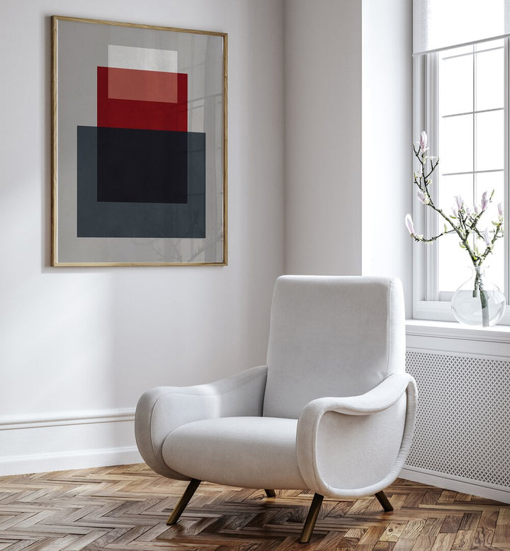 COLORFUL OVERLAY XIV, GEOMETRIC ART PRINTS displayed in a chic room, enhancing modern decor with vibrant colors.