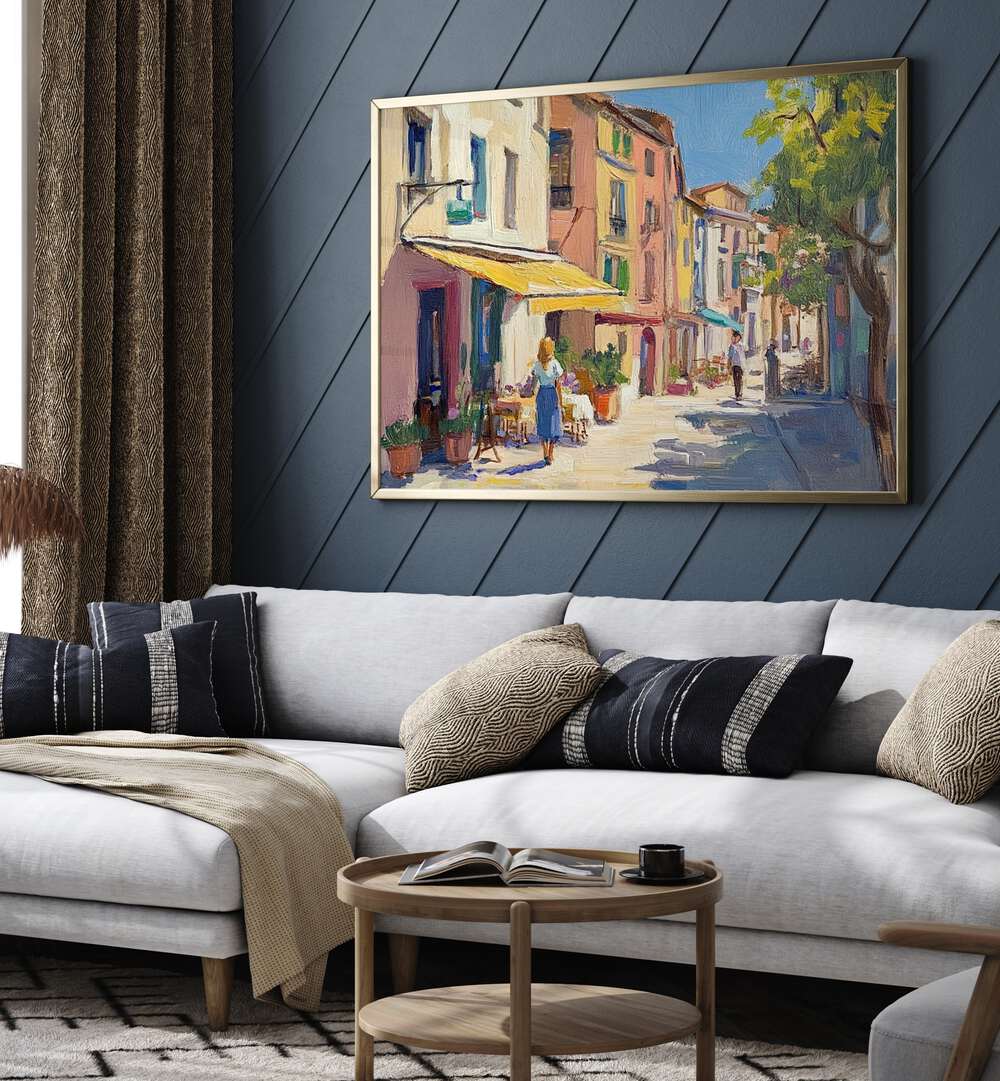 Beautifully styled living room featuring the STREET IN MALLORCA artwork, capturing vibrant urban life and Mediterranean charm.