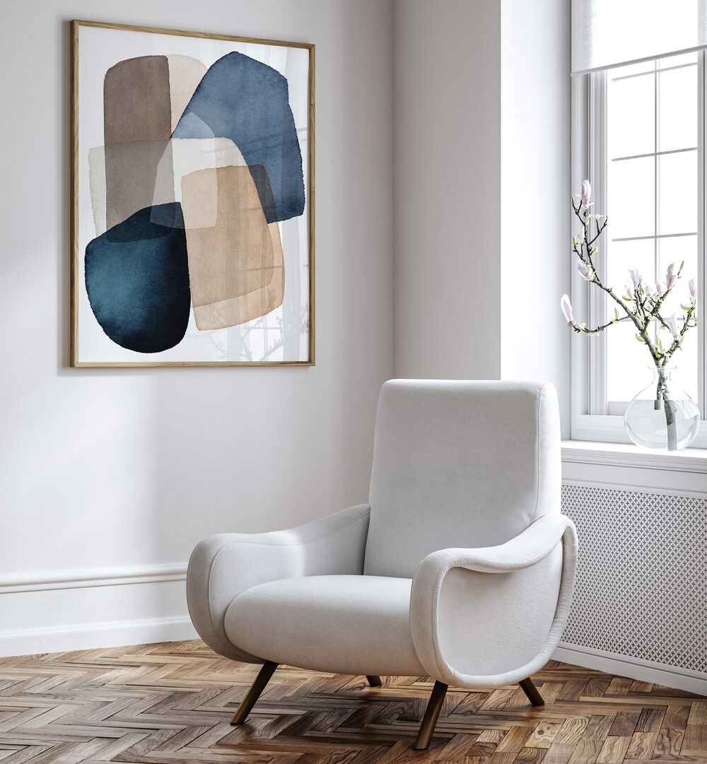 Stylish room showcasing a framed abstract painting with BLUE BROWN BLOCKS, perfect for creative playtime decor.