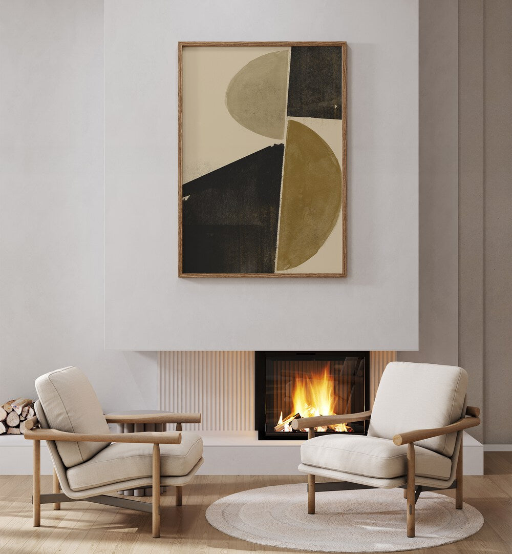 Stylish living room featuring INTERACTION BALANCE NO.II, GEOMETRIC ART PRINTS above cozy seating by a fireplace.