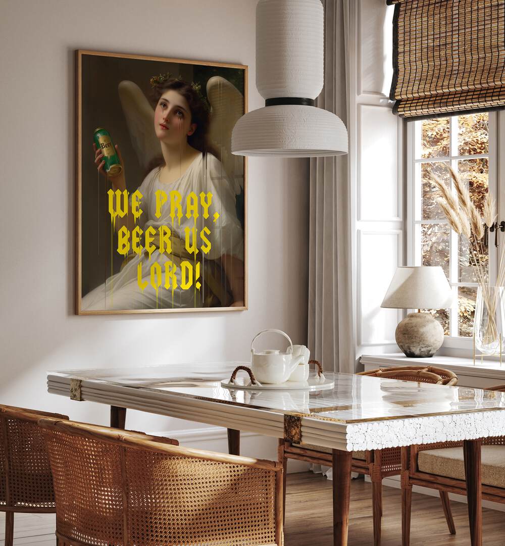 "We Pray Beer Us Lord, altered art prints by Dikhotomy add humor and spirituality to your decor."